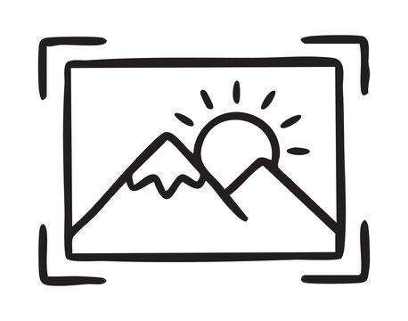 Sunlit mountain silhouette within framed crop marks. Minimal line art showcasing scenic mountain landscape photo. Minimalistic style thumbnail depicting mountain scene with sun and silhouettes