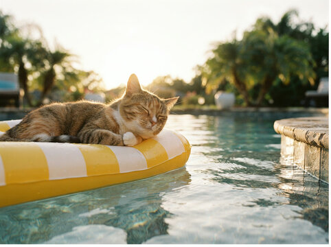 Cat relaxing on a striped inflatable ring in a sunlit swimming pool in soft daylight