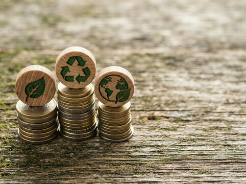 Four coin stacks topped with carved eco discs on a mossy wooden surface