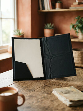 Open black fabric folder with blank paper on a weathered wooden study table