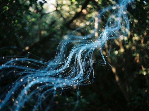Wavy blue and gold light trails drifting through a blurred wooded area