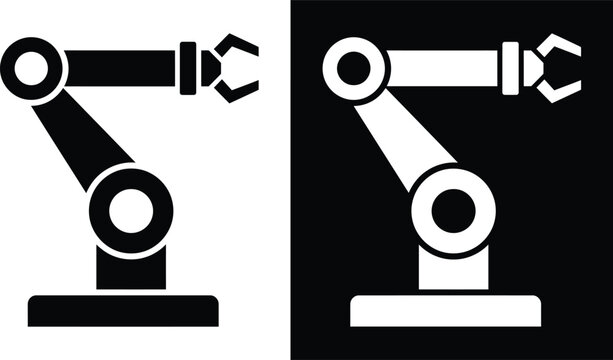 Industrial robotic arm side view silhouette and outline vector icon set with industrial robot factory robot machine arm