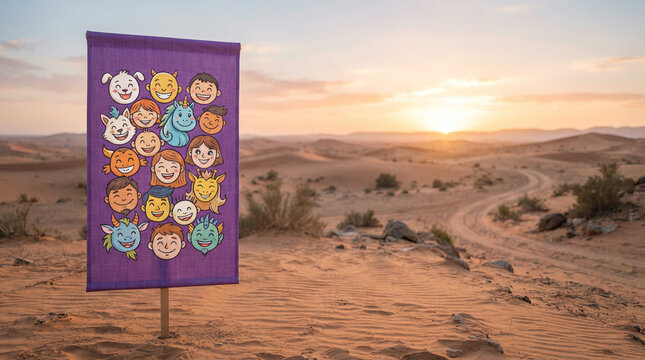 Purple flag printed with cartoon faces planted in desert sand at sunrise