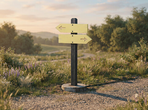 Two armed wooden signpost with arrows in a field of purple wildflowers