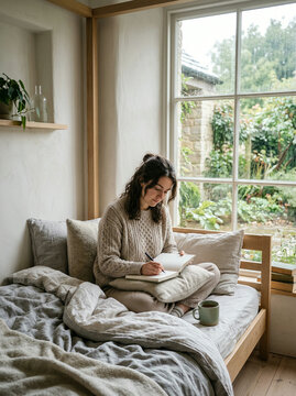 Woman journalling on a bed with a mug beside a rain streaked garden window