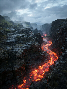 River of bright orange lava moving through a deep rocky green walled canyon