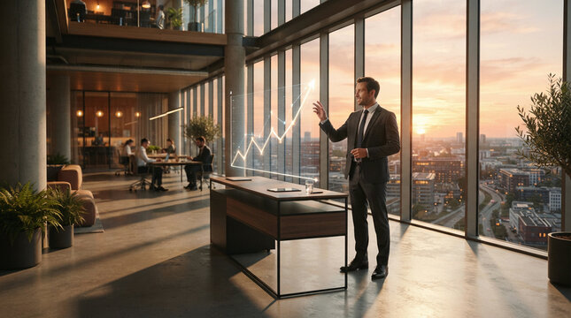 Man in a suit pointing at a glowing blue graph in a modern city office