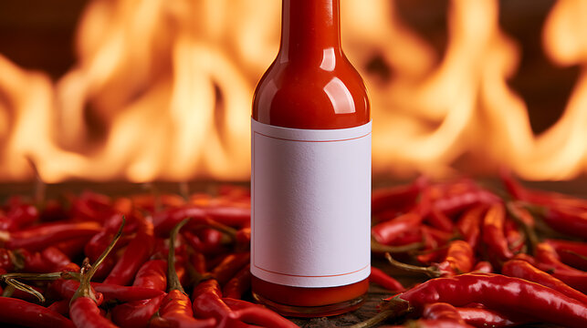 A bottle of spicy hot sauce with a blank label standing among fresh red chili peppers against a background of warm vibrant roaring fire flames