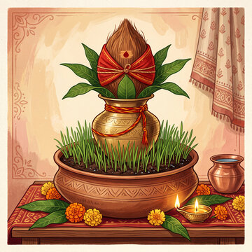 Illustrated brass kalash with germinating grass in a clay bowl for ritual altar background and festival decoration