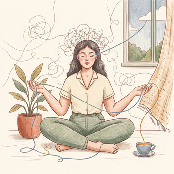 Meditating woman with loose threads and a cup by the window in a calm pastel drawing for mindfulness poster and wellness design