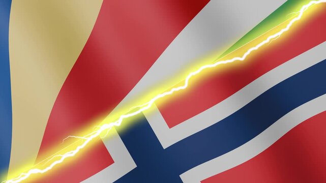 Two waving flags Seychelles and Norway with diagonal lightning seamless, 4k loop