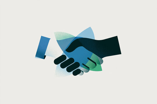 Modern textured illustration of a professional handshake representing successful business collaboration, agreement, partnership, and trust in a contemporary abstract blue and green design.