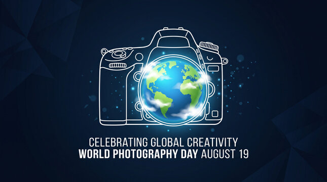 Camera outline with Earth inside lens for Photography Day.