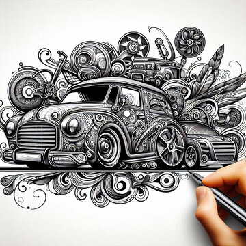 Abstract doodle car illustration with intricate wave lines drawing