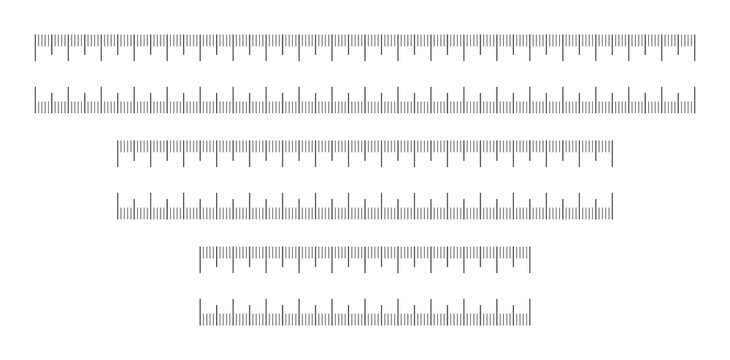 Ruler scale 10, 15 and 20 centimeters without numbers. Measuring chart with 100, 150 and 200 mm. Ruler scale, sewing tool template. Length measurement height, distance, math.