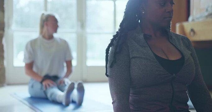 Breathing, yoga class and black woman thinking with meditation and mindfulness in health studio. African female person, zen wellness and stretching for spiritual healing and breath work practice