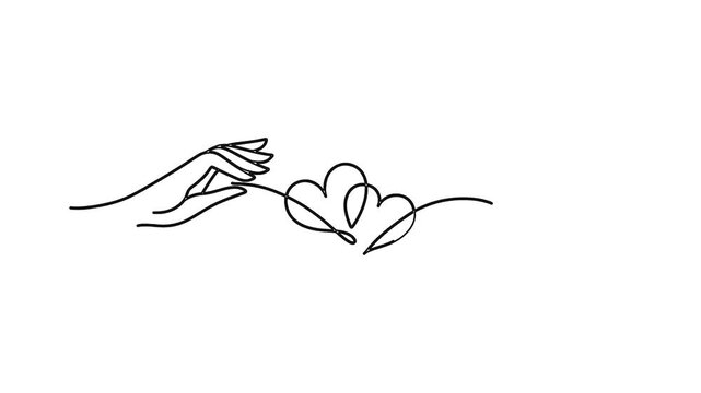 Minimalist continuous line animation of two hands holding twin hearts.