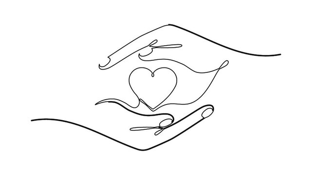 Continuous line drawing of two hands protecting a heart symbol animation.