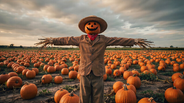 A scarecrow with a carved pumpkin head standing in the middle of a pumpkin patch with scarecrow wearing straw filled orange pumpkins
