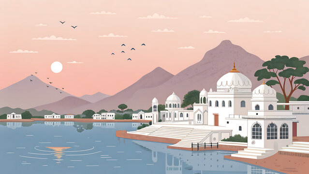 Pushkar Lake and temple ghats, peaceful sacred lake surrounded by white buildings and small temples, pastel sunrise, minimal vector illustration