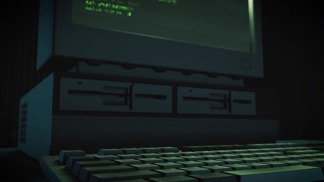 レトロPCとキーボードの3Dアニメーション　架空のコード表示　横視点　ループ