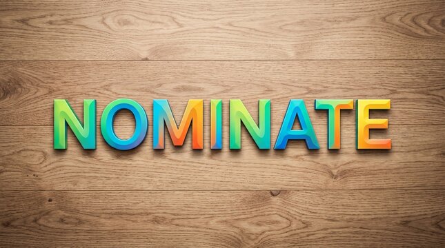 Nominate word in colorful 3d letters on a wooden background