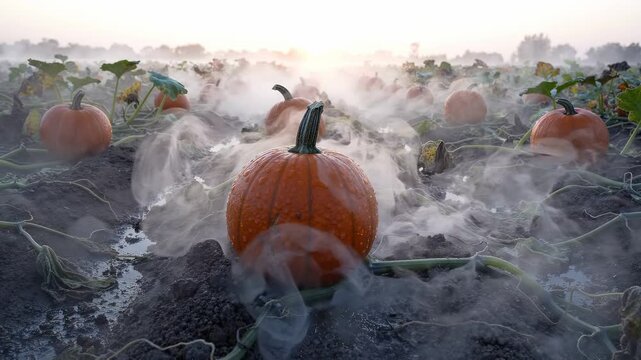 In a tranquil pumpkin patch at dawn, vividly orange pumpkins emerge from the rich dark soil, surrounded by swirling mist that creates an enchanting atmosphere filled with autumn's charm.