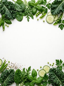 Fresh green vegetables and herbs arranged as a frame on a white background with copy space