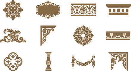 ornamental design vector collection in brown, ideal for engraving, cutting, and decorative elements. © Fatema