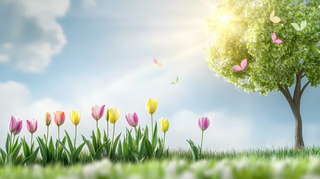 Vibrant spring landscape featuring colorful tulips and sunlit tree under clear blue sky for nature background design
