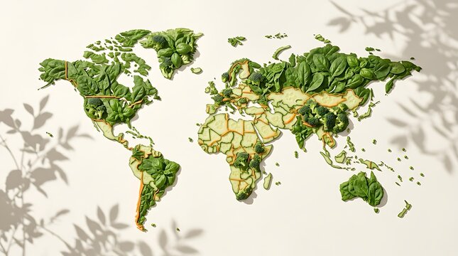Conceptual world map made of fresh green leaves and plants representing environmental sustainability and global nature conservation