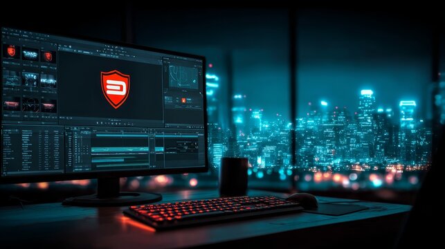 Professional video editing workstation with cityscape view at night for creative digital content creation and software development workflow