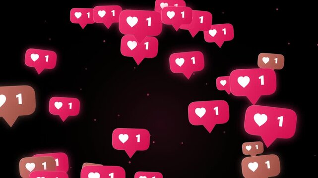 Floating social media like notification icons on black background motion video