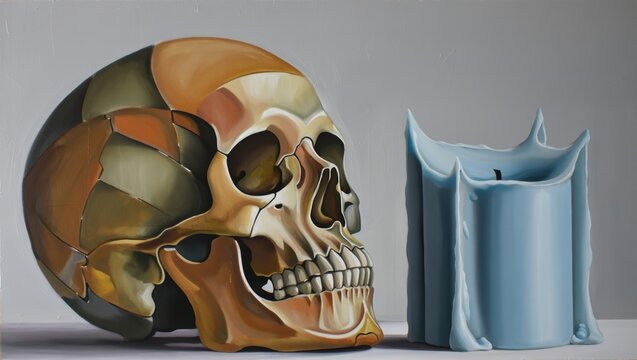 Surreal Still Life: Deconstructed Skull and Melting Candle
