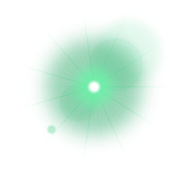 Emerald green spectral lens flare mystic optical burst on transparent background