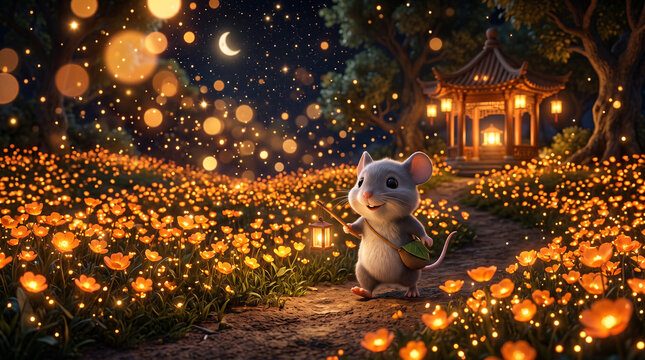 Cute mouse with lantern in glowing flower field at night.
