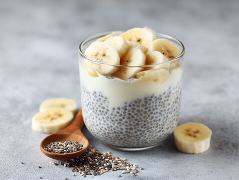 Yogurt with chia pudding and banana slices, minimal background