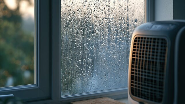 Morning light through window with condensation, dehumidifier running, warm dry vs cold wet, for design backgrounds