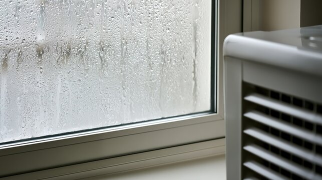 Dehumidifier reducing humidity near wet window, clean tech look for manuals or blog