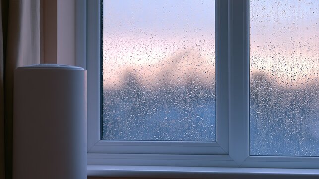 Condensation on window with dehumidifier, dry fresh indoor vs wet outdoor, for home improvement articles