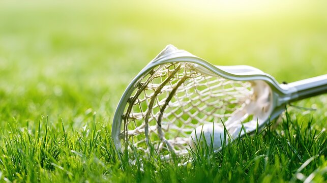 Lacrosse stick with ball resting on green grass, bright sunlight, clean sports style for ecommerce or brand ads