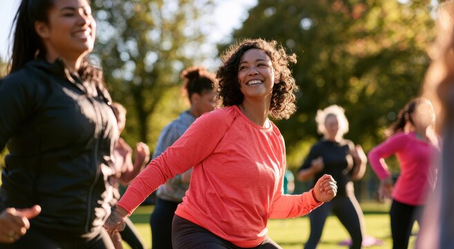 Diverse women participating in an outdoor fitness class in a sunny park