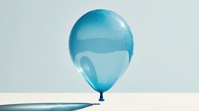 Pale blue water balloon on white table, surface tension, bright summer vibe, copy space for kids' party invitations or decorations
