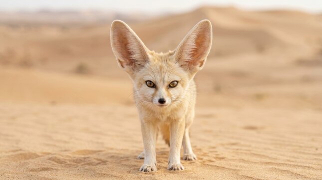Desert Fennec Fox: A curious fennec fox with its enormous ears stands prominently in the vast, sandy expanse of a desert, its alert eyes scanning the horizon.