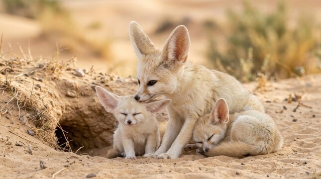 Fennec Fox Family in Desert Burrow: A tender moment captured as a fennec fox mother rests with her two adorable pups beside their burrow in a sun-drenched desert landscape.