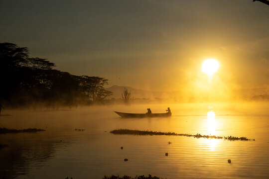 Fishermen Fishing on Lake Oloiden at Sunrise, Naivasha, Kenya