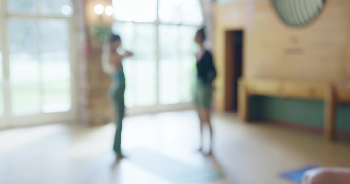Group, yoga and blur in class, people workout and holistic training for healthy body together. Pilates, fitness team and friends exercise, start meditation and wellness of athlete standing at club