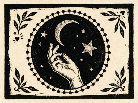Mystical linocut illustration of a hand reaching for the moon and star. Vintage block print style esoteric art with botanical frame