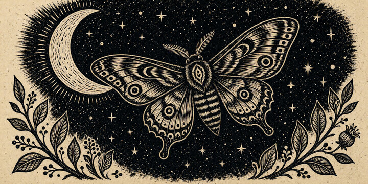 Mystical linocut illustration of a moth and crescent moon. Vintage block print style esoteric art with stars and botanical elements