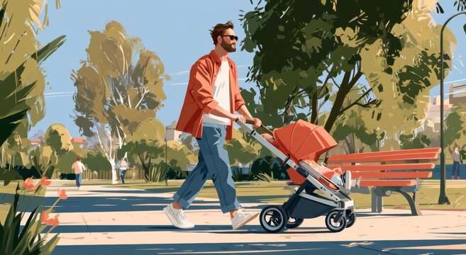 Father pushing a baby stroller through a sunny park during a casual weekend walk.